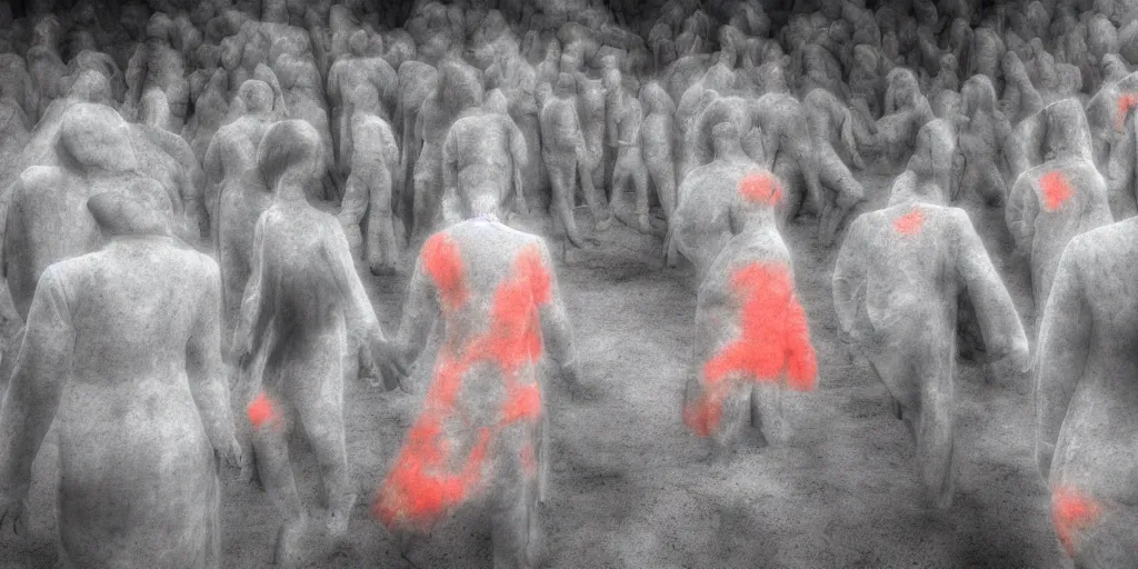 Prompt: love, groups of people in infrared thermal colors, from behind, rebirth, wide angle, cinematic atmosphere, elaborate, highly detailed, thermal heat colors, dramatic lighting