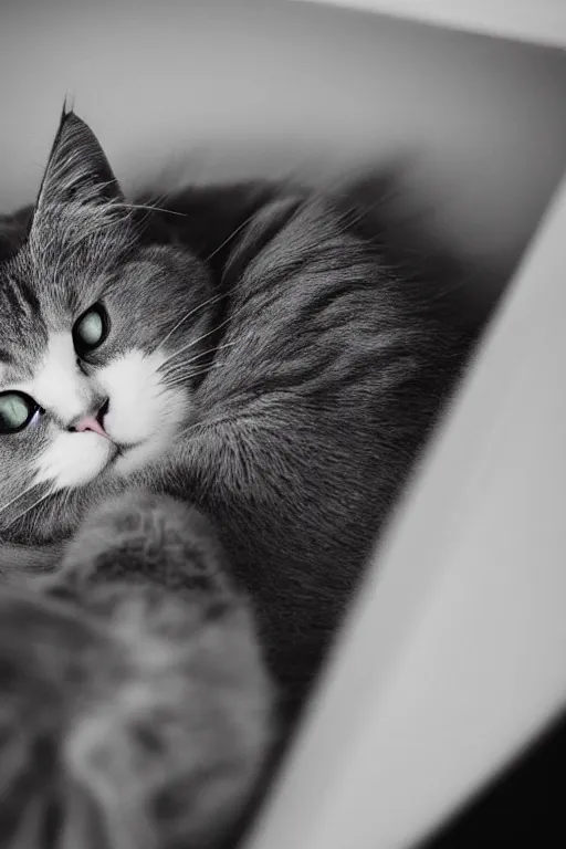 Prompt: “ fluffy grey cat lying on cat bed turning head to look out the window, lying on cat tree, cozy living room, warm, cotton, dramatic lighting, extremely high quality, leica m - a, lux 3 5 fle, portra 8 0 0 ”