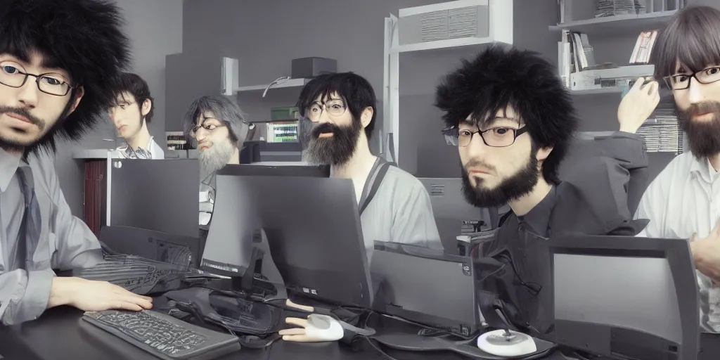 Prompt: programmer, man with beard, computer, by hisashi eguchi, kentaro miura, and yoshitaka amano, futuristic, 8 k