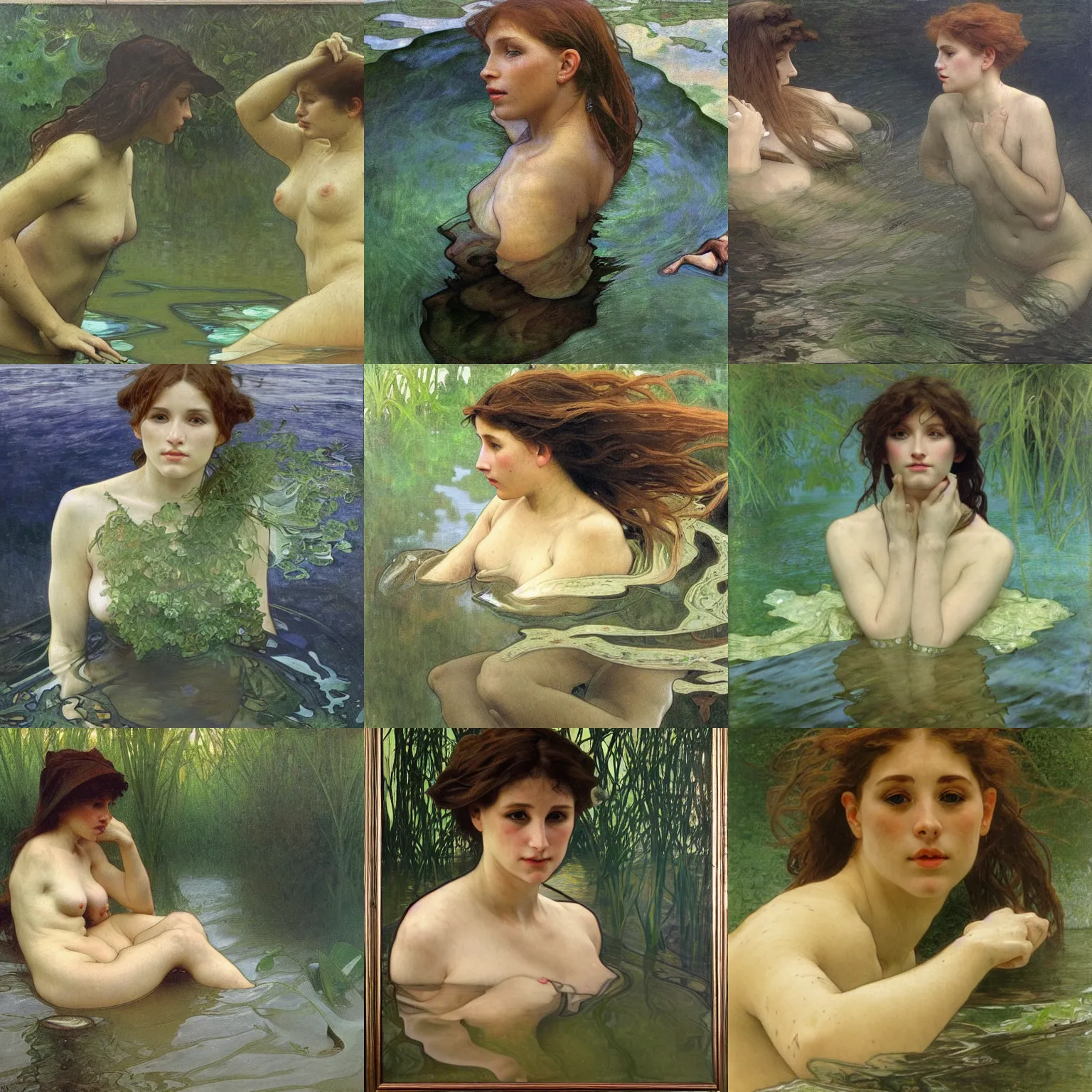 Prompt: hyperrealist portrait in a river, half body submerge, dark green water algae by alphonse mucha and lucian freud and bouguereau, fog, very detailed faces