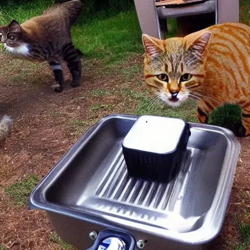 Prompt: trailcam footage of a cat cooking a meal using a bbq. caught on camera