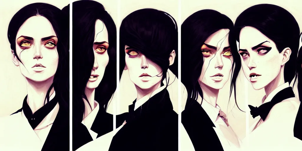 Image similar to a ultradetailed portrait painting of three women in black suits, by conrad roset, greg rutkowski and makoto shinkai trending on artstation