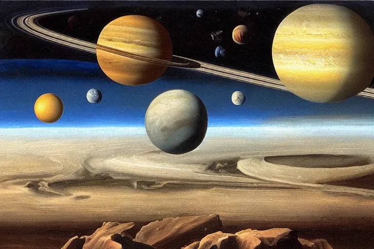 Prompt: the planets jupiter and saturn by salvador dali, oil on canvas, surrealism, neoclassicism, renaissance, hyper realistic, cell shaded, 8 k