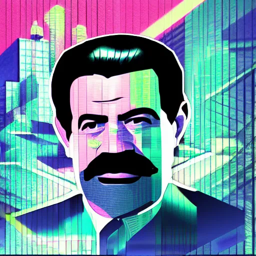 Prompt: Synthwave geometrical art of Saddam Hussein