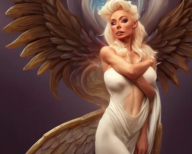 Image similar to isabelledeltore as an angel with wings, 8 k, deep focus, d & d, fantasy, intricate, elegant, highly detailed, digital painting, artstation, concept art, matte, sharp focus, illustration, hearthstone, art by artgerm and greg rutkowski and alphonse mucha