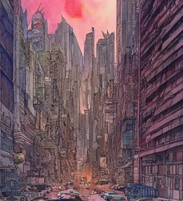 Prompt: a watercolor ink painting of a post - apocalyptic new - york in the style of jean giraud in the style of moebius trending on artstation deviantart pinterest detailed realistic hd 8 k high resolution