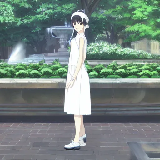 Image similar to a full body portrait of a young woman wearing a white apron standing in front of a fountain in a park, makoto shinkai, very detailed, by William-Adolphe