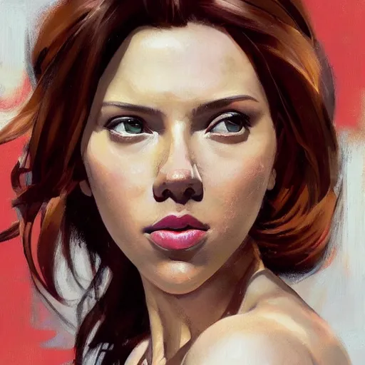 Image similar to greg manchess portrait painting of scarlett johansson as adult beautiful thick muscular female bodybuilder toph beifong from avatar, medium shot, asymmetrical, profile picture, organic painting, sunny day, matte painting, bold shapes, hard edges, street art, trending on artstation, by huang guangjian and gil elvgren and sachin teng