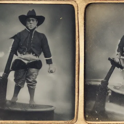 Image similar to tintype photo, bottom of the ocean, cowboy riding pig