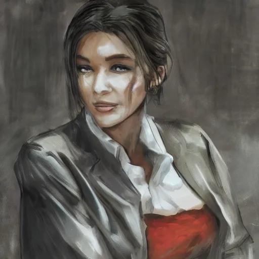 Image similar to female lawyer, business suit, brown neat hair, pixiv, fanbox, trending on artstation, digital painting, portrait, defense attorney, modern, sleek, highly detailed, formal, serious, determined, competent, colorized