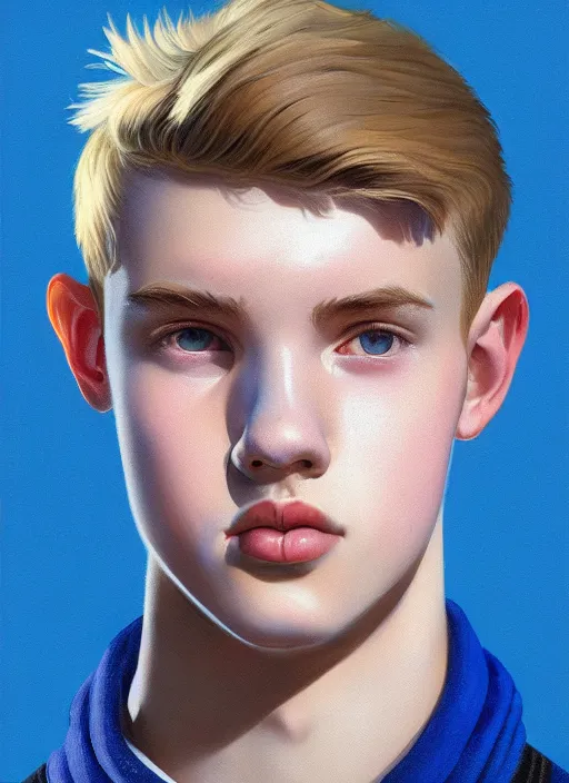 Image similar to portrait of a teenage boy named moose mason, blonde short hair, jock, beefy, square jaw, square facial structure, 1 9 5 0 s, blue varsity jacket, intricate, elegant, glowing lights, highly detailed, digital painting, artstation, concept art, smooth, sharp focus, illustration, art by wlop, mars ravelo and greg rutkowski