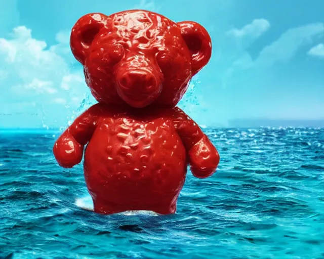 Image similar to a giant sculpture of will smith as a gummy bear on the ocean water, award winning, hyper - realistic, very detailed, realistic water splashes, ray tracing, 8 k resolution, long - shot, sharp focus, low angle, 8 5 mm photograph, wide lens