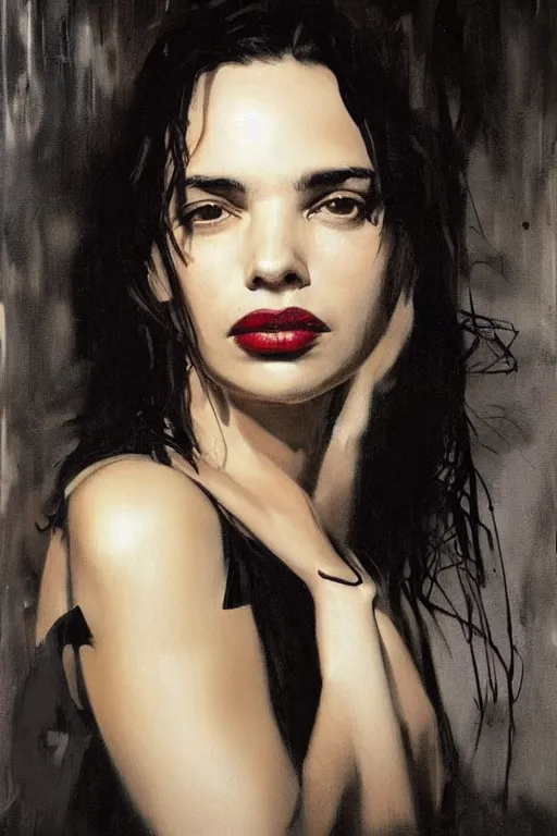 Prompt: Beautiful detailed portrait of Beatrice Dalle by Jeremy Phil Hale and Casey Baugh, trending on pinterest