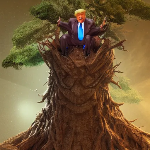 Image similar to donald trump is fused into a tree stump, hyperdetailed, artstation, cgsociety, 8 k