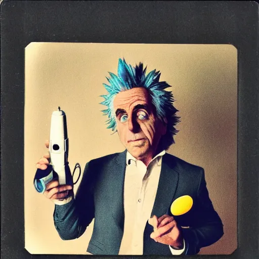 Prompt: old polaroid of a realistic rick sanchez holding his portal gun