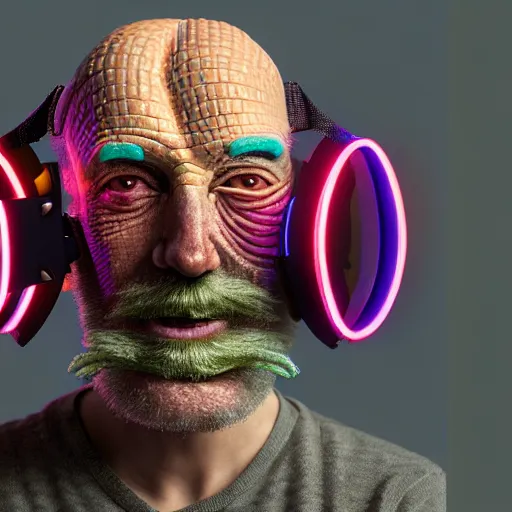 Image similar to Colour Photography of 1000 years old man with highly detailed 1000 years old face wearing higly detailed cyberpunk VR Headset designed by Josan Gonzalez. Man eating higly detailed hot-dog. In style of Josan Gonzalez and Mike Winkelmann andgreg rutkowski and alphonse muchaand Caspar David Friedrich. Rendered in Blender