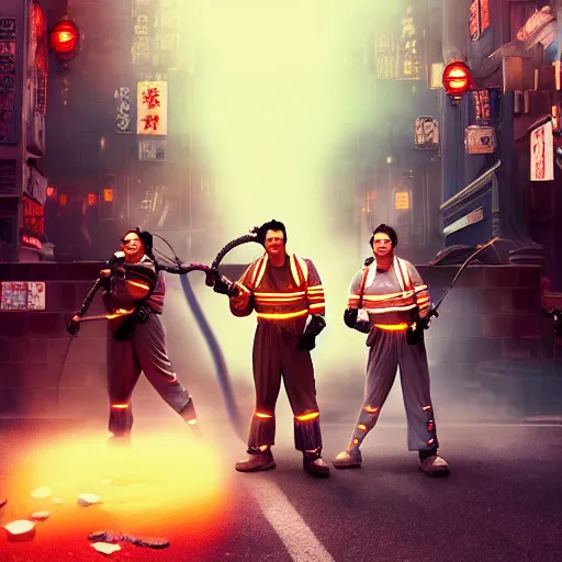 Prompt: ghostbusters in feudal japan, steam punk aesthetic, cinematic quality, high octane, splash art, movie still, cinematic lighting, ray tracing, detailed face, octane render, long lens, shallow depth of field, bokeh, anamorphic lens flare, 8 k, hyper detailed, 3 5 mm film grain