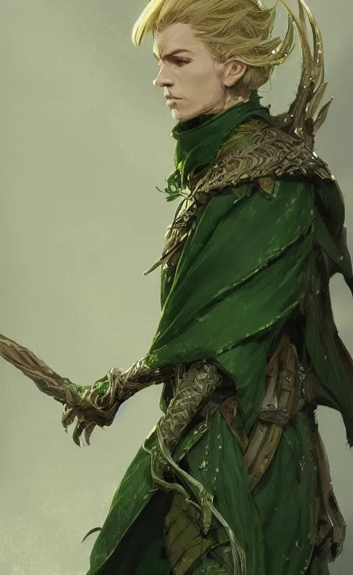 Image similar to portrait of a wood elf ranger with blonde hair and a dark green cloak, fantasy, intricate, elegant, highly detailed, digital painting, trending on artstation, concept art, smooth, sharp focus, illustration by greg rutkowski, craig mullins, frank frazetta