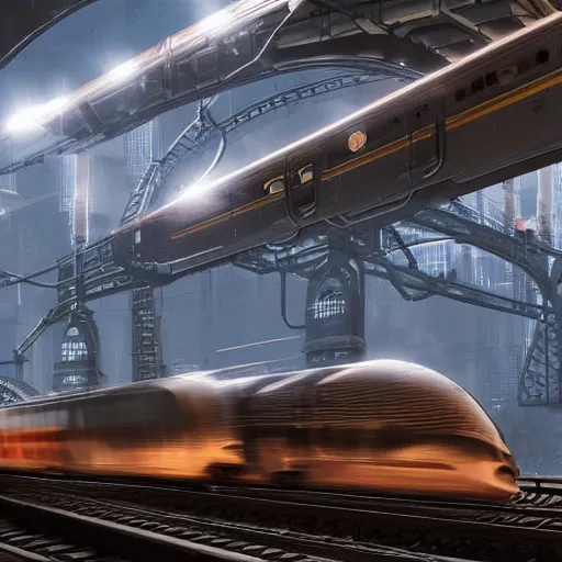 Image similar to Immense industrial futuristic train arrives at cyber punk city station, cinematic lighting,