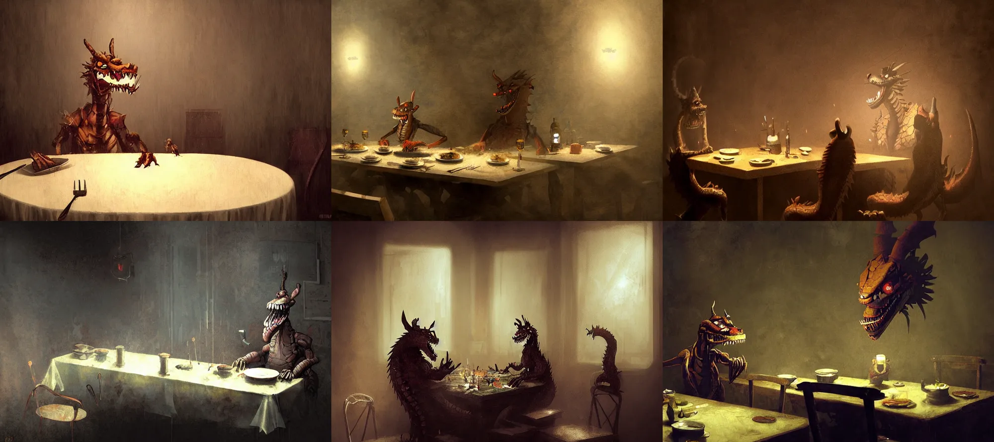 Prompt: animatronic dragon tf fnaf silent hill eating dinner at a table in the backrooms happiness is temporary by greg rutkowski