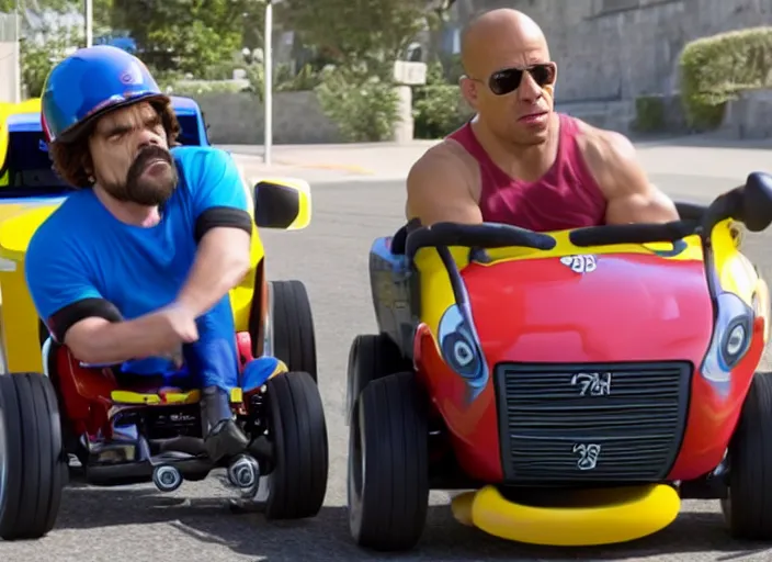 Prompt: peter dinklage racing vin diesel driving a little tikes cozy coupe, movie still, from the new gone in 6 0 seconds movie, 8 k, realistic