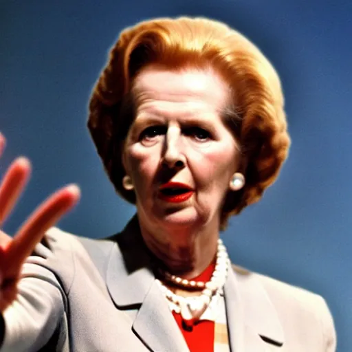 Prompt: A still of Margaret Thatcher as the Terminator in The Terminator (1984)