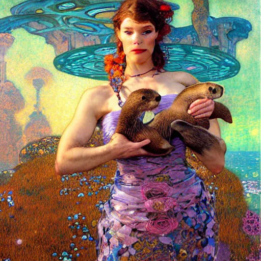 Image similar to portrait of an otter wearing a flower dress. shadowrun cyberpunk fantasy highly detailed painting by gaston bussiere craig mullins jc leyendecker gustav klimt artgerm greg rutkowski john berkey, bergey, craig mullins, ruan jia, raymond swanland, jeremy mann, tom lovell, alex malveda