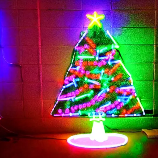 Image similar to a christmas tree made out of neon lights in a dark room