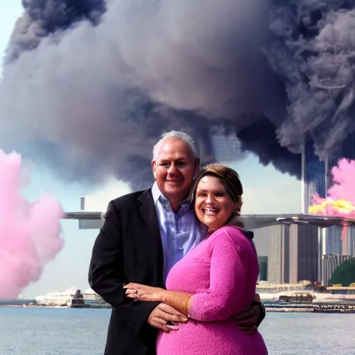 Image similar to a close up of a smiling couple of parents to be, in front of 9 / 1 1 with pink smoke