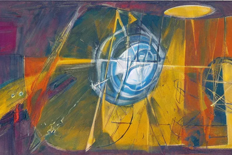 Prompt: painting of a tesseract floating in space by graham sutherland