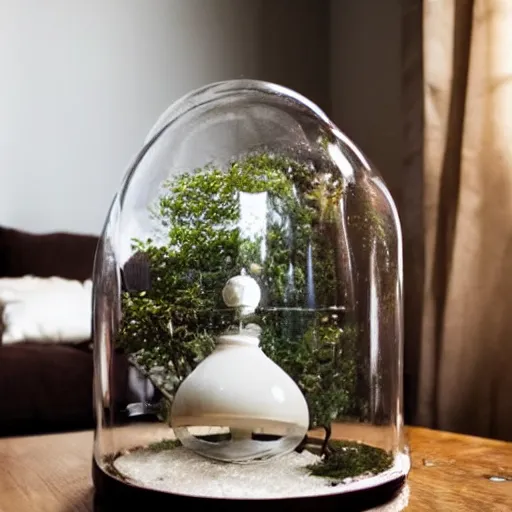 Prompt: the universe enclosed in a bell jar sitting on a coffee table, ultra realistic, soft lighting, ethereal,