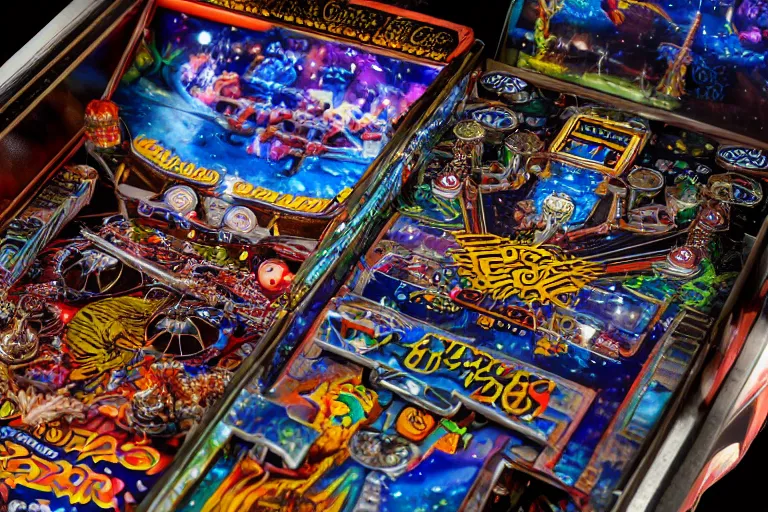Prompt: full view of a pinball machine, cosmic horror theme, intricate, detailed, realistic, 8k photo