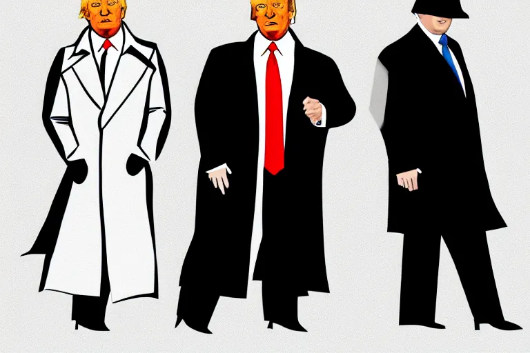 Image similar to poster illustration of donald trump and donald trump wearing trench coats and big black hats starring in spy vs spy