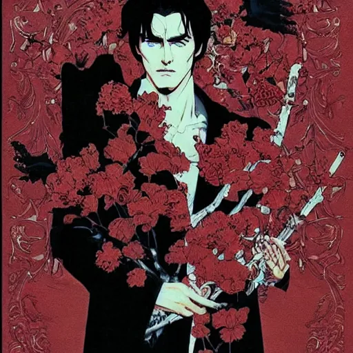Prompt: symmetrical alain delon as a vampire, style of takato yamamoto lots of flowers