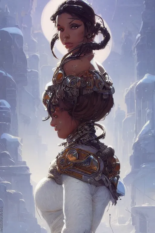 Image similar to ultra realistic illustration, snowy, beautiful brown woman, hacknaut cyberpunk, sci - fi, fantasy, intricate, elegant, highly detailed, digital painting, artstation, concept art, smooth, sharp focus, illustration, art by artgerm and greg rutkowski and alphonse mucha