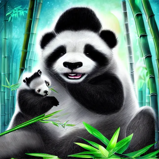 Image similar to photorealistic dramatic fantasy digital painting of a hybrid creature who is part anthropomorphic panda and part beautiful chinese woman, in the moonlit bamboo forest at night. fusion of humanoid panda and human. highly - detailed professional art.