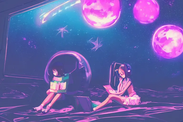 Image similar to a beautiful girl reading a book in space, lofi, anime, digital art, neon, synthwave,