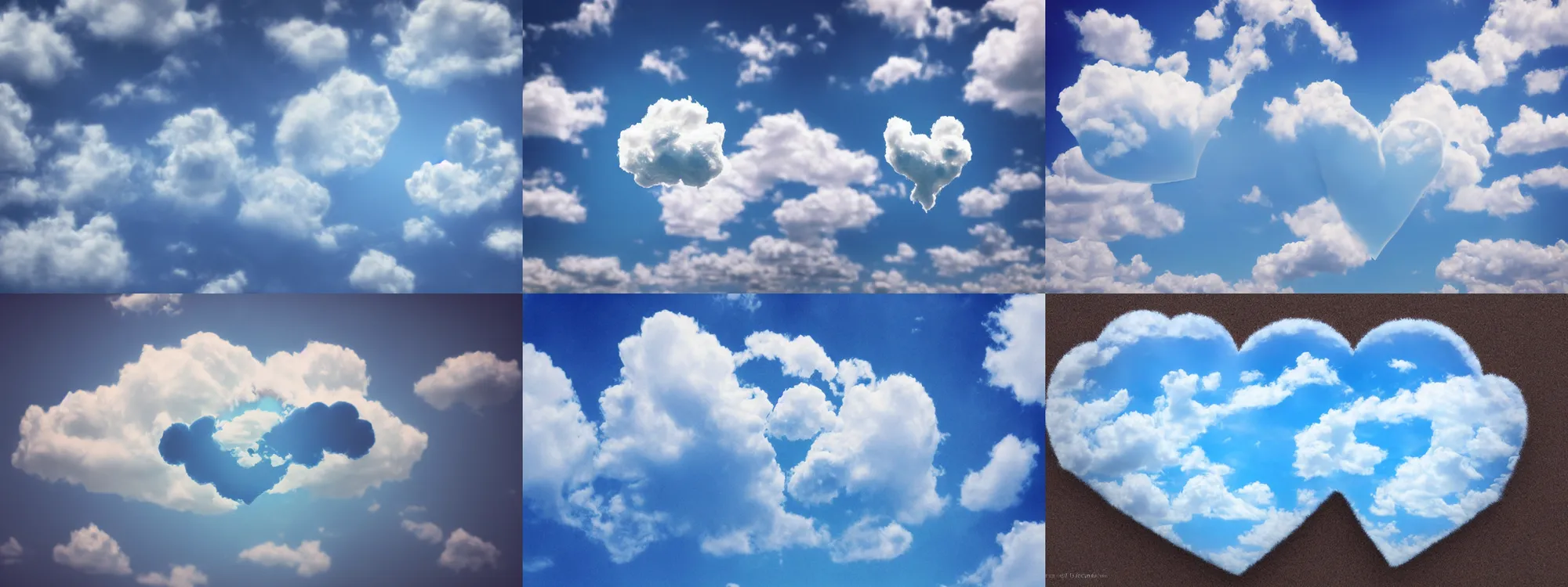 Prompt: little fluffy soft cloud heart on blue clear sky, detailed, hyper realistic, epic photo, soft volume absorbation, volume clouds, view up, diffused lights, ultra realism, cinematic, film