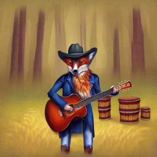 Image similar to a fox animal, wearing cowboy hat, wearing plaid shirt, playing guitar, in barn, album cover style, artstation