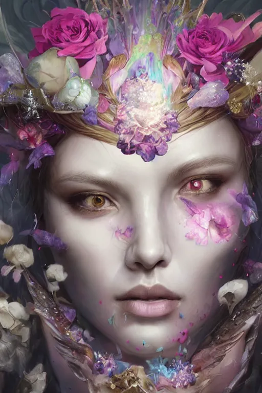 Image similar to face closeup covered with abstract flowers of extremely beautiful girl necromancer, magical fairy flowers and ice velvet, diamonds, angels, 3 d render, hyper - realistic detailed portrait, holding fire and electricity rainbow, ruan jia, wlop. scifi, fantasy, magic the gathering, hyper detailed, octane render, concept art, peter mohrbacher