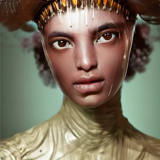 Image similar to a close - up shot of a brown woman wearing a luminous armor made of neon jelly fishes. jellyfish cap. soft lighting. fragile. haunting eyes!! coherent face!! no makeup!! muted colors. by ray caesar. by louise dahl - wolfe. by andrea kowch. surreal photography