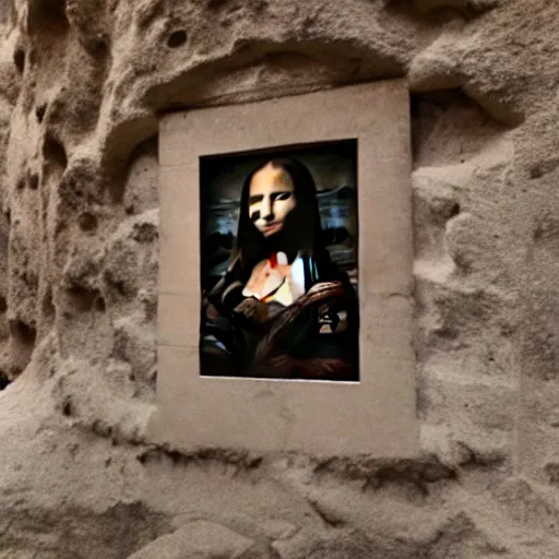 Prompt: photograph of a cave wall, that has the ( ( mona lisa ) ) painted onto it