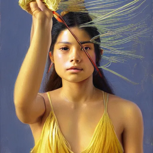 Prompt: a ultradetailed beautiful painting of a latina brazilian girl holding a bow in the amazonas by hsiao ron cheng, ngai victo, nivanh chanthara jean delville wlop and dougherty patrick, trending on artstation, scifi, futurism, postcapitalism, octane rendering, sharp focus, soft light