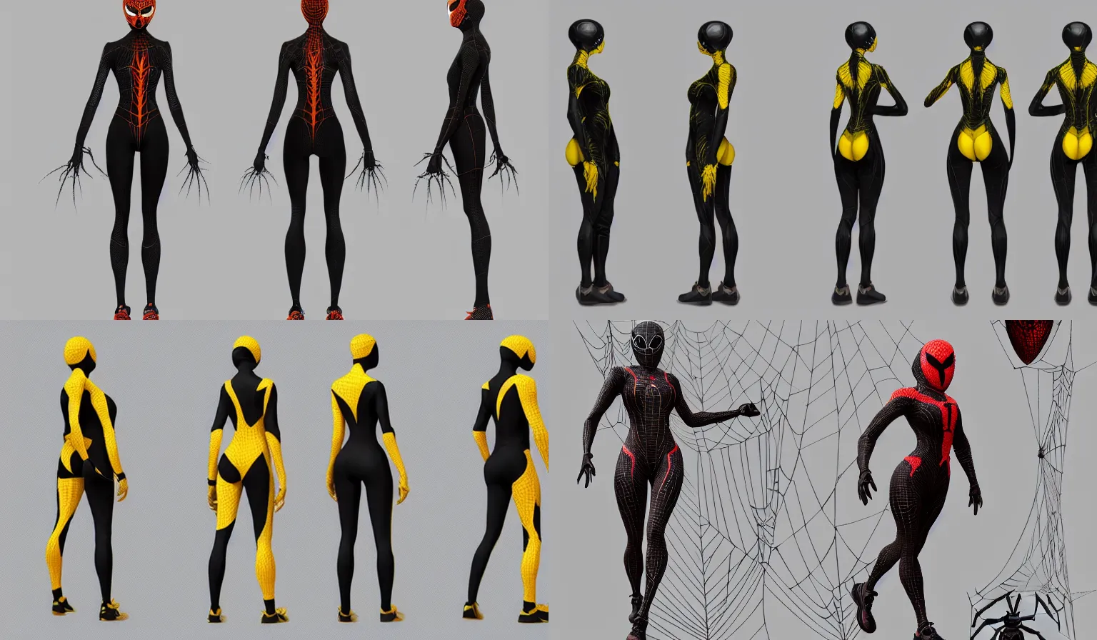 Prompt: full body character turnaround of a woman in an orb weaver inspired outfit, spider web textured suit, character sheet, spiderwoman!!!!!, john singer sargent, good value control, highly detailed portrait, digital painting, concept art, running shoes, sharp focus, smooth, illustration, 8 k, octane render, black undersuit, black primary color with yellow secondary color