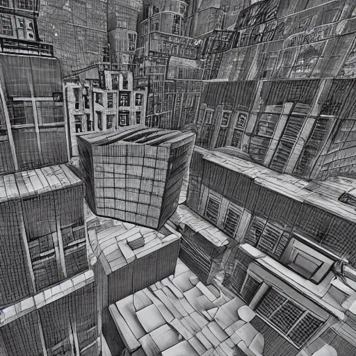 Prompt: a drone flying over a city designed by MC Escher, pen and ink, intricate, unreal engine,
