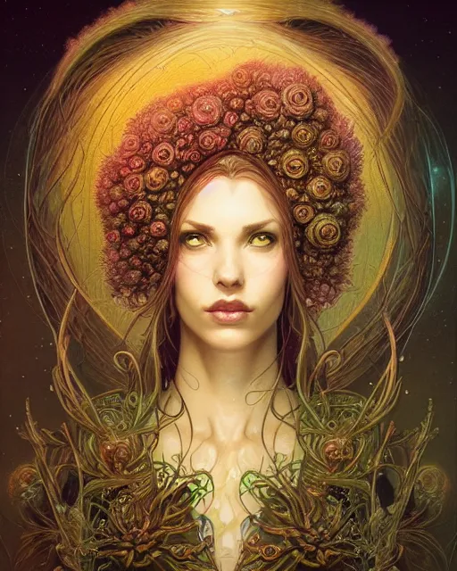 Image similar to centered beautiful detailed front view portrait of a woman with ornate growing around, ornamentation, flowers, elegant, beautifully soft lit, golden ratio, full frame, by wayne barlowe, peter mohrbacher, kelly mckernan,