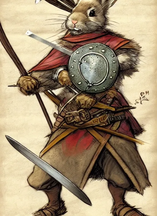 Image similar to a heroic rabbit archer with sword and shield on a parchment background, redwall, greg rutowski and jean baptiste monge, detailed, epic fantasy concept art