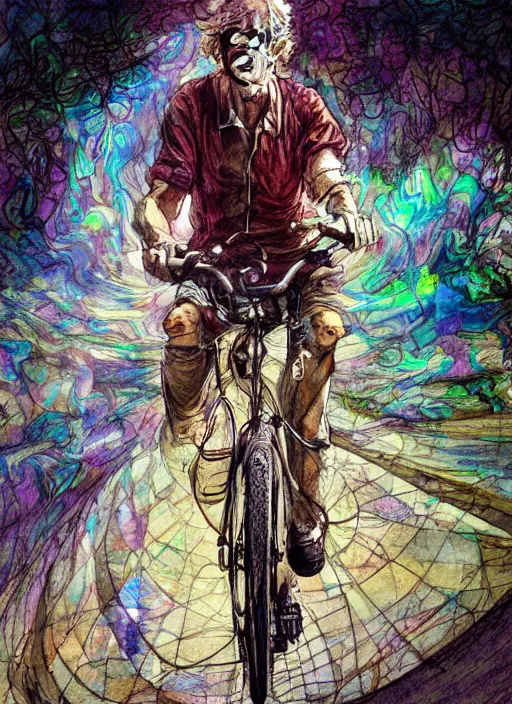 Image similar to portrait, Albert Hofmann on his first bicycle ride on lsd, Using Stable Diffusion to paint, watercolor, dramatic lighting, cinematic establishing shot, extremly high detail, foto realistic, cinematic lighting, pen and ink, intricate line drawings, by Yoshitaka Amano, Ruan Jia, Kentaro Miura, Artgerm, post processed, concept art, artstation, matte painting, style by eddie mendoza, raphael lacoste, alex ross