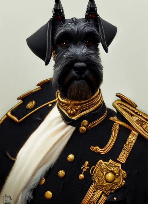 Image similar to portrait of stoic looking miniature schnauzer, military uniform, black fir, white eyebrows, fantasy, intricate, elegant, highly detailed, centered, dark, smokey, digital painting, artstation, concept art, smooth, sharp focus, illustration, art by artgerm and greg rutkowski and alphonse mucha