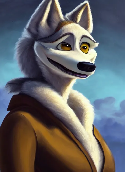 Image similar to oil painting of anthromorphic female wolf, in style of zootopia, female fursona, furry, furaffinity, 4 k, deviantart, furry art, fursona art, wearing black business suit, business suit, wolf fursona, female, very expressive detailed feminine face,